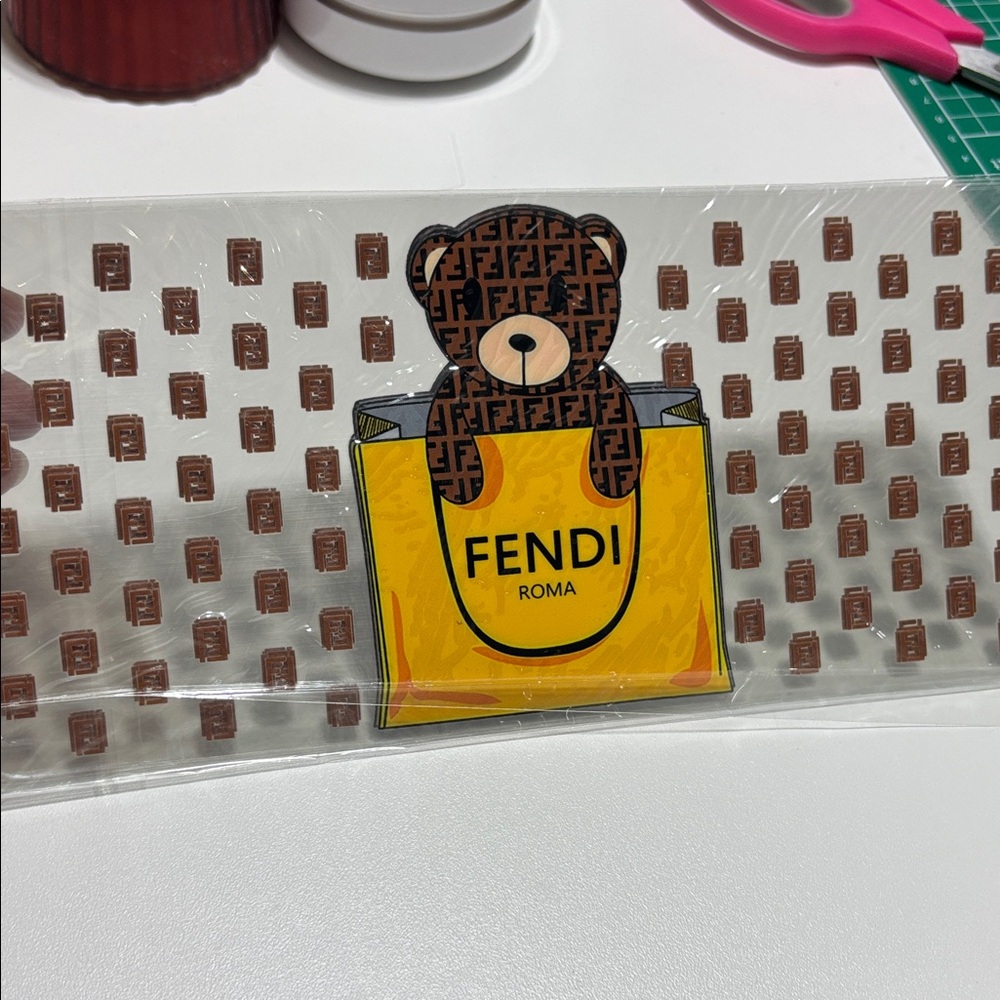 Fendi Brown Logo Bear with Yellow Fendi Roma Sticker, DTF STICKER FOR CUP